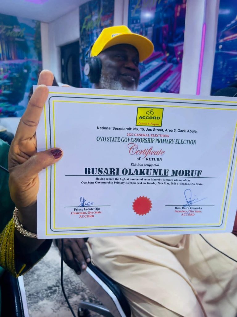 BREAKING: ACCORD Party Presents Certificate of Return to Busari Olakunle “Gudugudu”